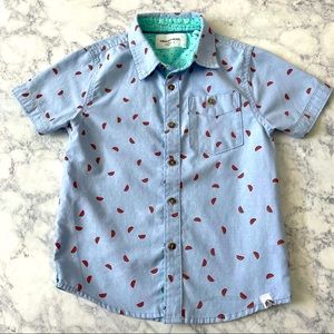 Boys Mini Watermelon Print Paper Denim & Cloth Button Summer Casual Travel Shirt